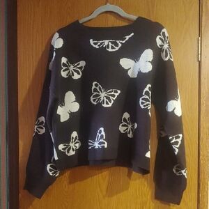 No Boundaries Black and White Butterfly Sweater Slightly Cropped